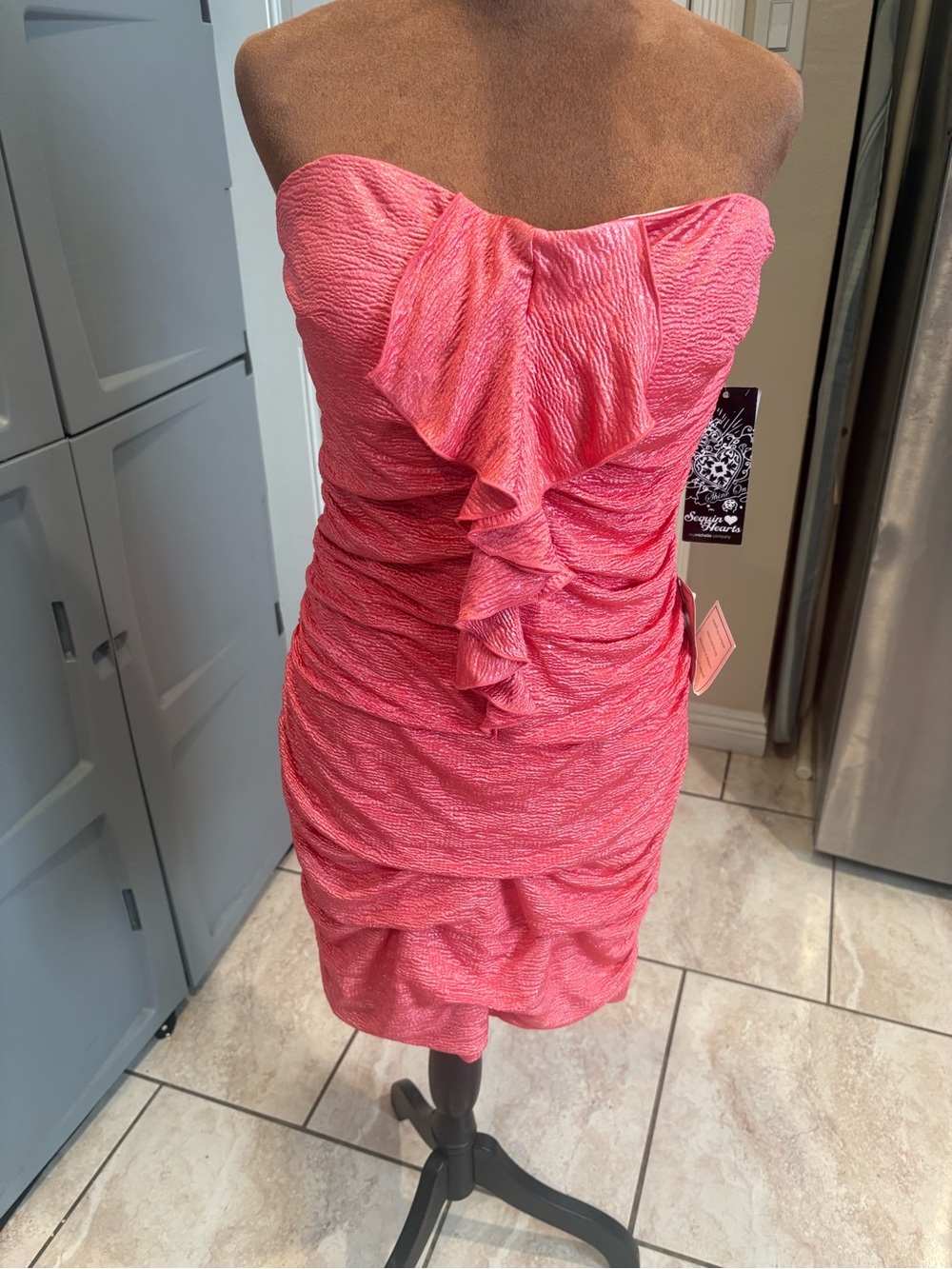 Sequin Hearts Strapless Pink Ruffled Bodycon Dress